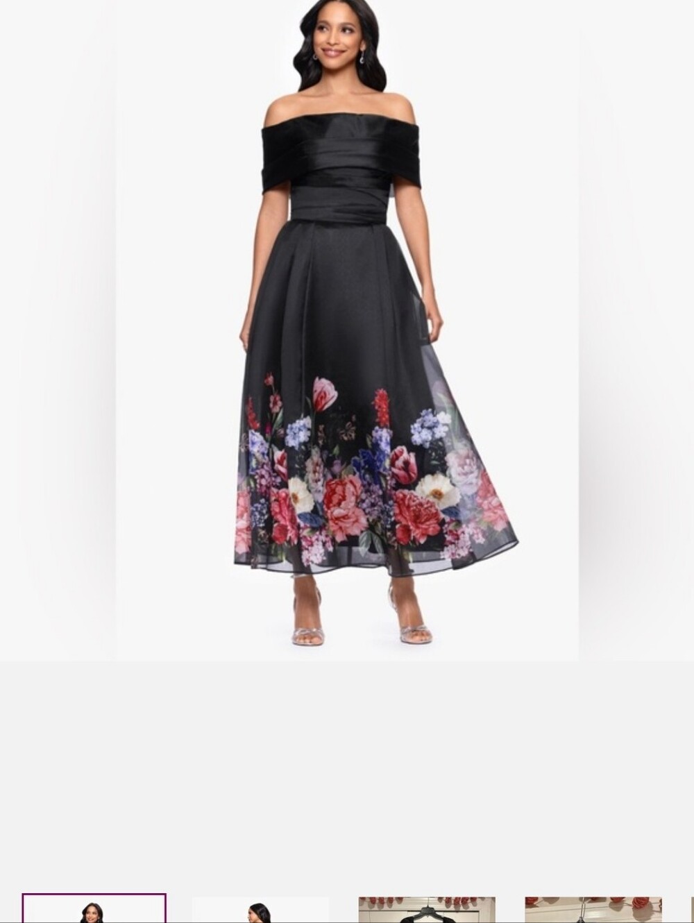 Betsy & Adam "TABITHA" ORGANZA PRINT OFF THE SHOULDER MIDI DRESS